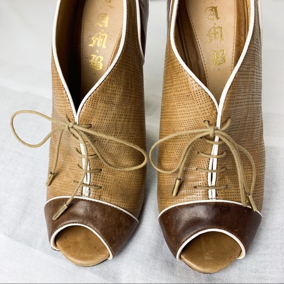 L.A.M.B. Peep Toe Lace Up Stiletto Booties Brown 8 - Picture 10 of 10